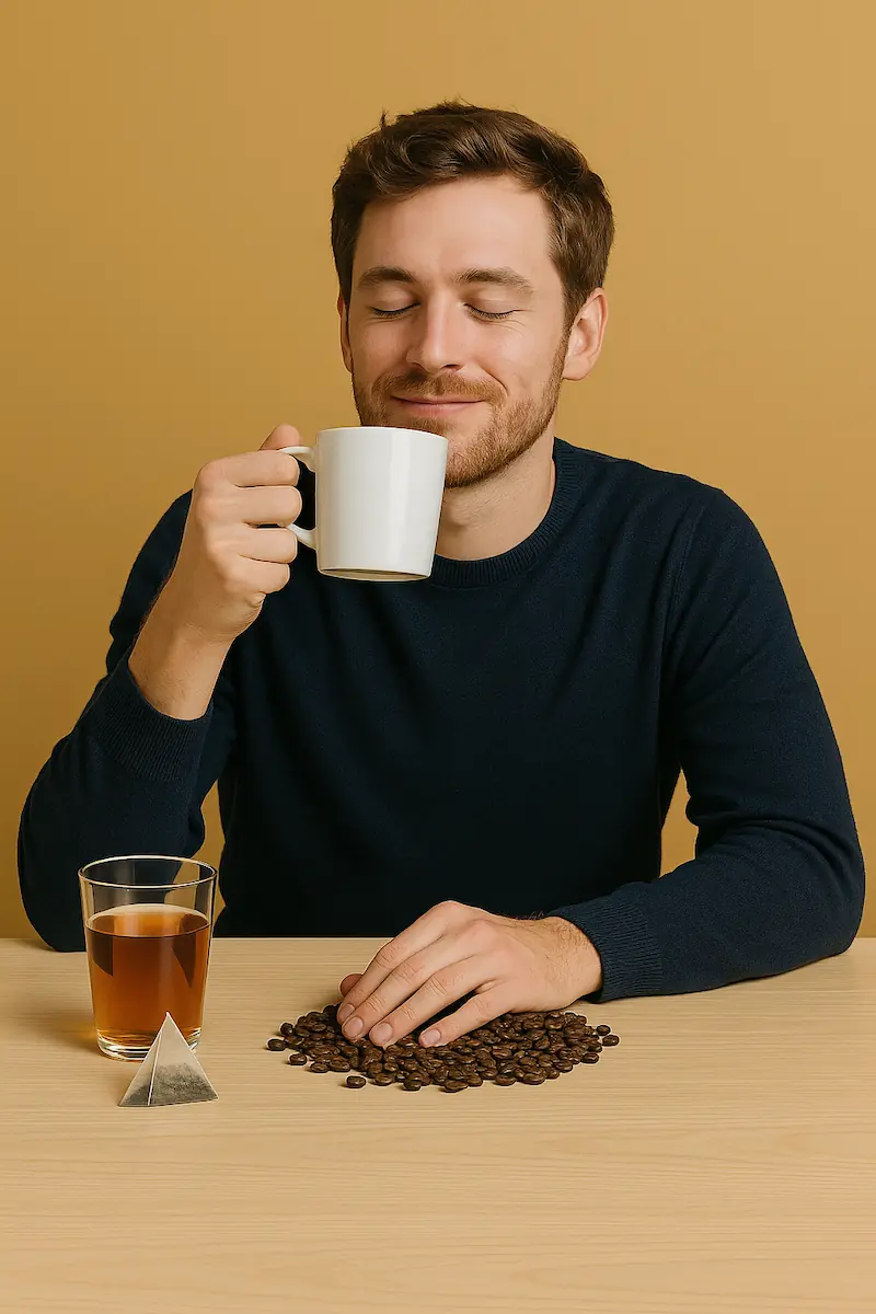 Una taza de café de grano junto a una taza de té verde sobre una mesa de madera.